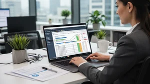 Marketing professional reviewing email campaign analytics on laptop