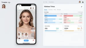 Mobile phone showing virtual try-on interface with conversion metrics dashboard