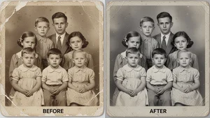 Black and white family photo being colorized by AI showing realistic skin tones and period-accurate clothing colors