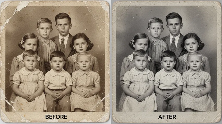Black and white family photo being colorized by AI showing realistic skin tones and period-accurate clothing colors