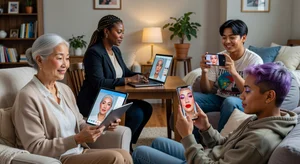 A diverse group of people of different ages, genders, and ethnicities using virtual makeup try-on on various devices, showing inclusive beauty technology