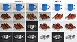 A grid showing before and after comparisons of ecommerce product photos: raw unedited shots on the left showing plain backgrounds and minor defects, and professionally enhanced versions on the right with clean white backgrounds, perfect lighting, and removed imperfections