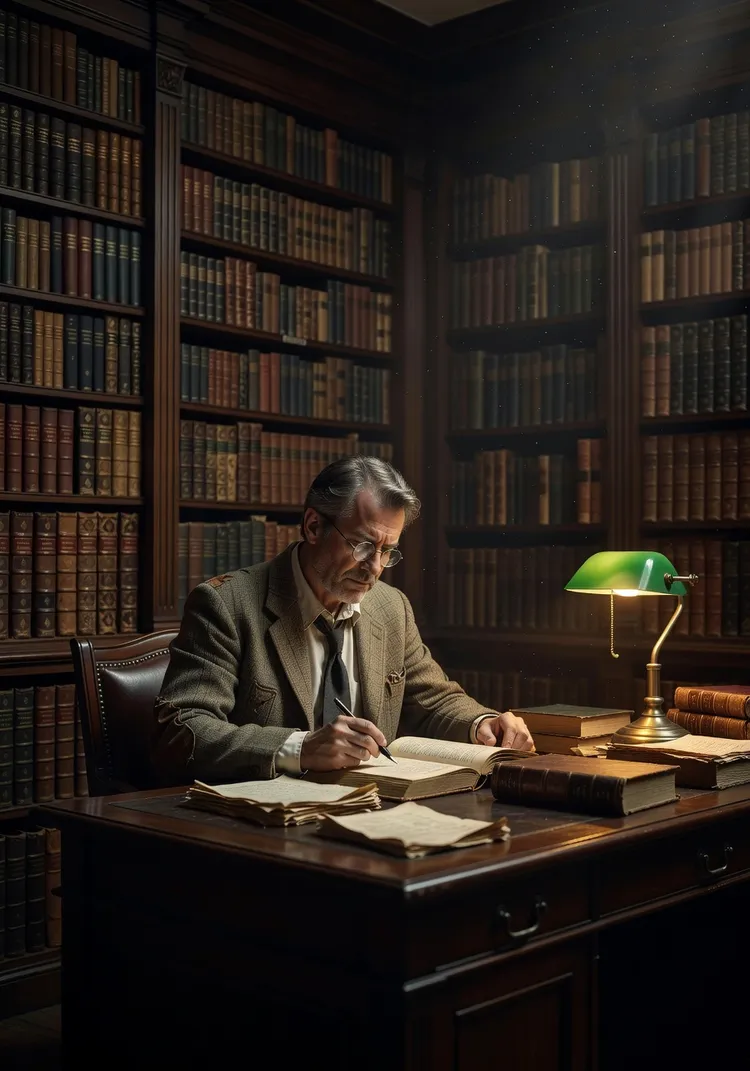Dark moody portrait with vintage academic styling