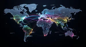 World map showing global video content distribution with multilingual audience connections
