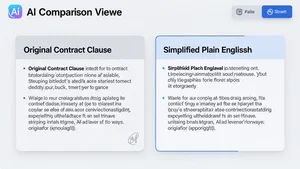 AI comparison view showing an original contract clause and a simplified plain English explanation displayed side by side on a clean interface