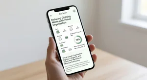 Digital wardrobe on smartphone showing sustainable virtual closet organization