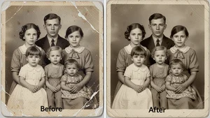 Damaged water-stained vintage photograph being repaired by AI showing reconstruction of torn sections and color restoration