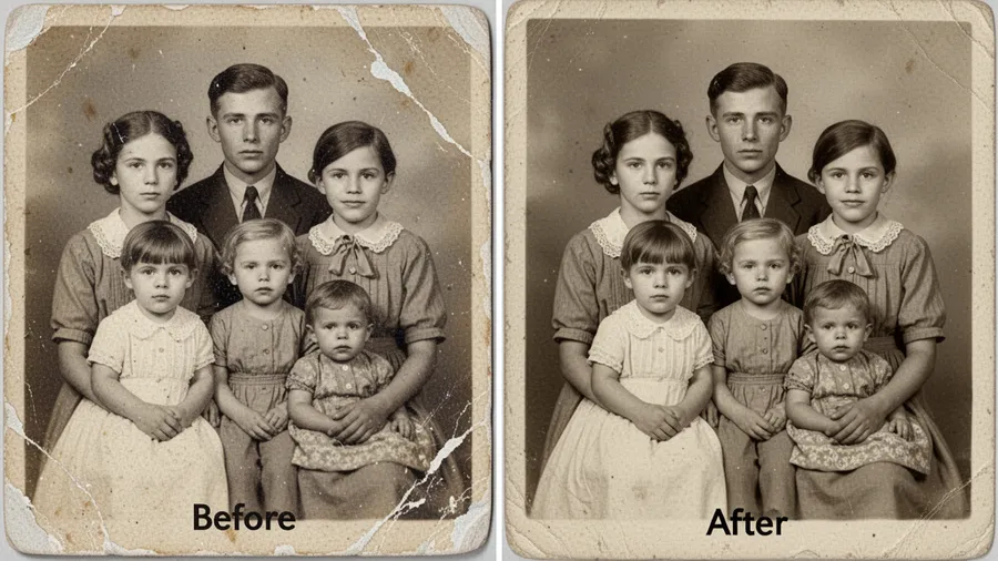 Damaged water-stained vintage photograph being repaired by AI showing reconstruction of torn sections and color restoration