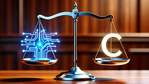 Scales of justice with AI and copyright symbols
