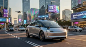 Autonomous self-driving car navigating a city street with LiDAR sensors visible during golden hour