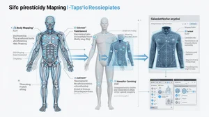 Technical diagram showing AI body mapping and garment overlay process
