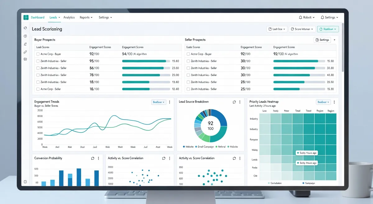 AI lead scoring dashboard showing buyer and seller prospects with engagement scores and CRM interface