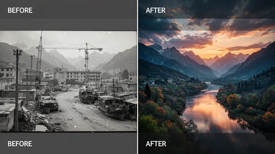 Split screen showing dramatic transformation from flat raw footage to cinematic grade with rich colors