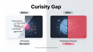 Curiosity gap visualization showing how partial information in thumbnails creates psychological tension that drives clicks