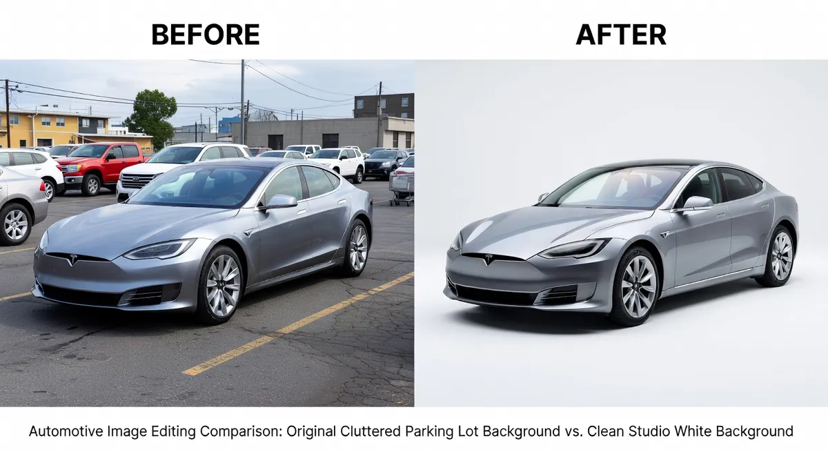 Car photography before and after showing original cluttered parking lot background removed and replaced with clean professional studio white background