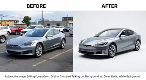 Car photography before and after showing original cluttered parking lot background removed and replaced with clean professional studio white background