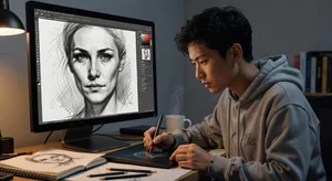 Digital artist applying pencil sketch effect to portrait photography