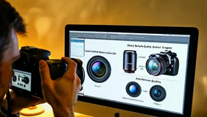 Professional photographer reviewing object removal quality on computer screen