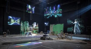 Empty film set with holographic AI scenes flickering and dissipating