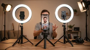 Creator filming vertical video content with professional ring light and smartphone setup
