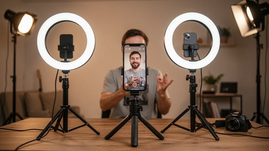 Creator filming vertical video content with professional ring light and smartphone setup