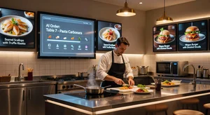 Modern restaurant kitchen with AI ordering interface on digital screens and chef preparing food
