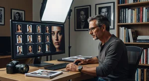 Professional photographer reviewing enhanced portraits on computer display