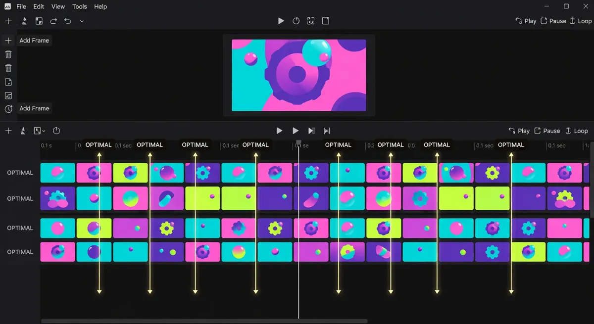 Testing dashboard showing A/B split results for GIF timing experiments with engagement metrics, dwell time analytics, and audience behavior patterns