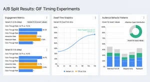 Testing dashboard showing A/B split results for GIF timing experiments with engagement metrics, dwell time analytics, and audience behavior patterns