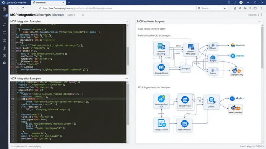 Developer browsing through MCP integration examples with code snippets and connection diagrams