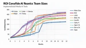 Graph showing ROI curves over 12 months for different team sizes implementing social media AI tools