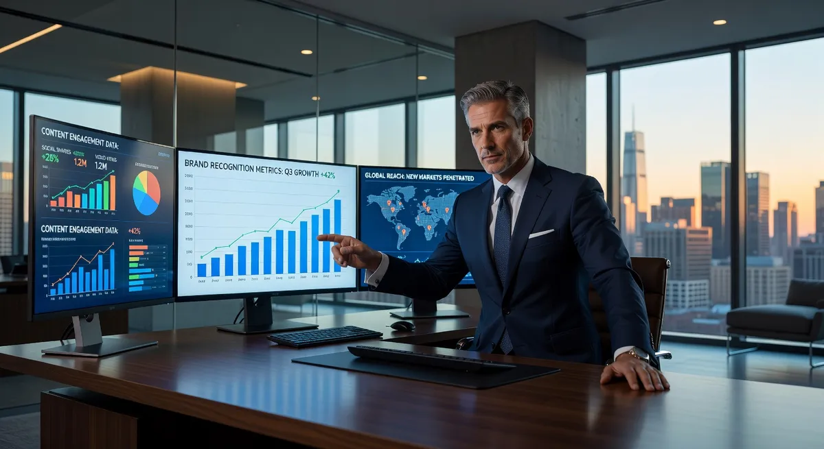 Entrepreneur reviewing growing brand authority metrics and content engagement data across multiple screens, momentum and confidence visible