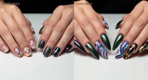 Comparison showing nail art designs on short versus long nails side by side