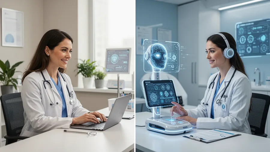 Real therapist and AI interface working together as hybrid model in modern clinic