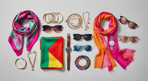 Colorful accessories collage showing various jewelry, watches, and sunglasses pairing options
