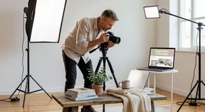 Product photographer setting up lifestyle shot for Pinterest, camera on tripod, professional lighting equipment, styled product scene with props, bright natural aesthetic, behind the scenes photography setup, high quality commercial photography