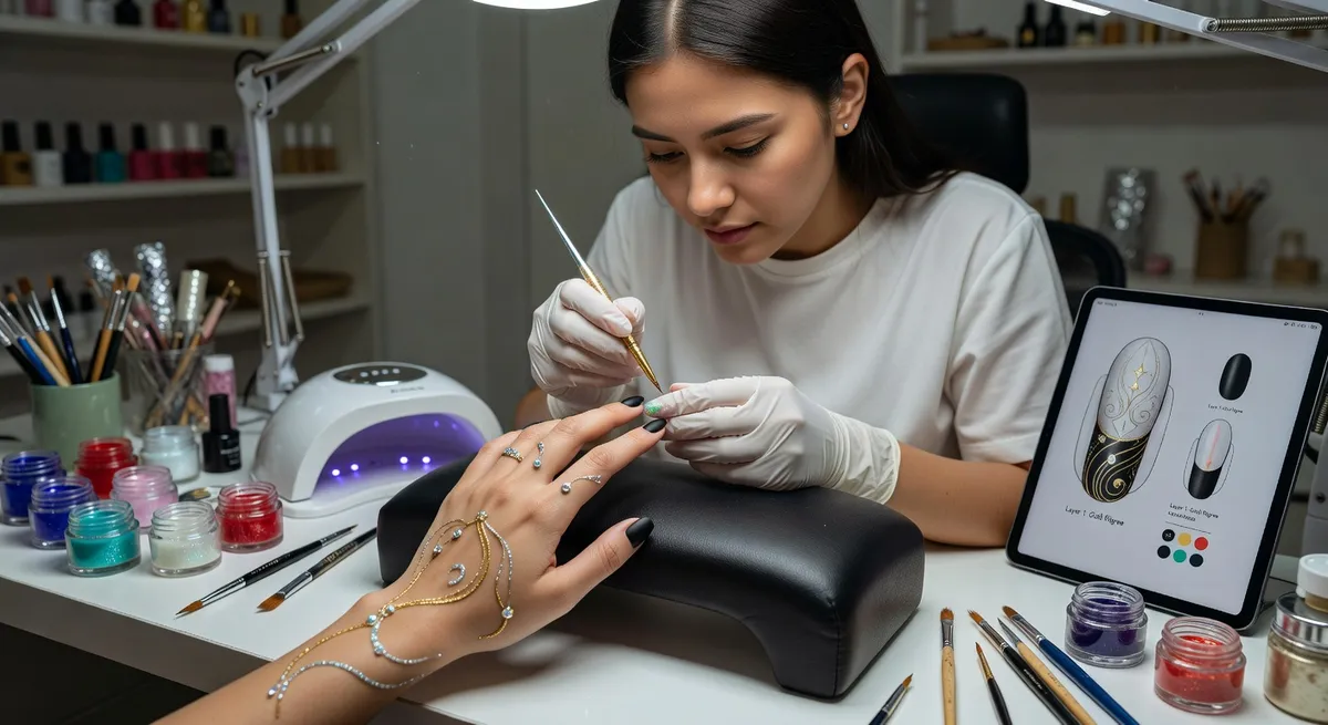 Nail artist creating intricate design with detailed application