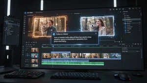 AI video generation studio with timeline, generated clips and text-to-video prompt