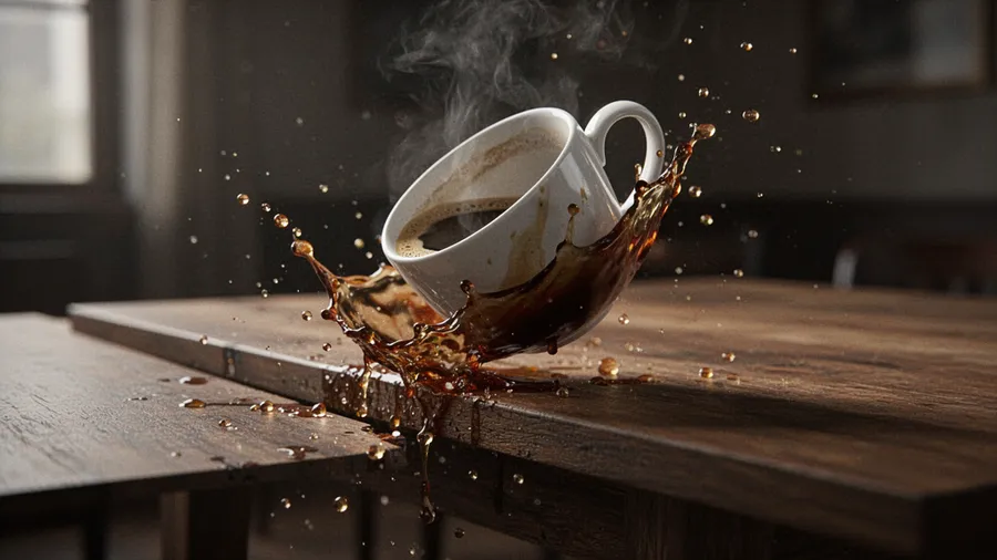 Coffee cup falling off table edge in slow motion with liquid splashing out demonstrating physics simulation