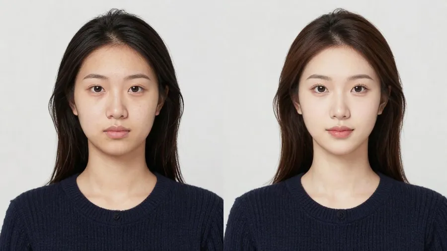 Before and after comparison showing enhanced portrait with improved clarity, lighting, and professional polish