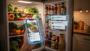 Smartphone scanning open refrigerator full of fresh ingredients with AI recipe suggestions on screen
