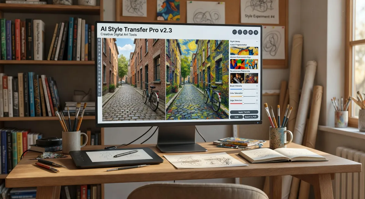 Artist workspace with AI style transfer software showing creative transformation