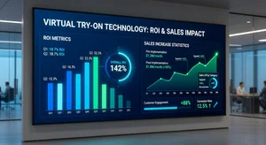 Customer service representative reviewing reduced support tickets while virtual try-on analytics show decreased return requests on monitor