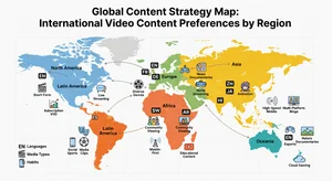 A world map showing which regions prefer dubbed audio content versus subtitled content, with color coding and percentage breakdowns for major markets, helping content creators understand where to invest in each format