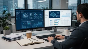 Person at desk analyzing multiple AI tool interfaces on dual monitors