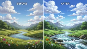 Before and after comparison of a landscape photo becoming an animated video with clouds moving and water flowing