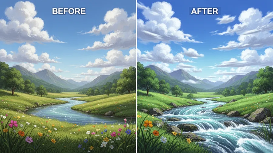 Before and after comparison of a landscape photo becoming an animated video with clouds moving and water flowing
