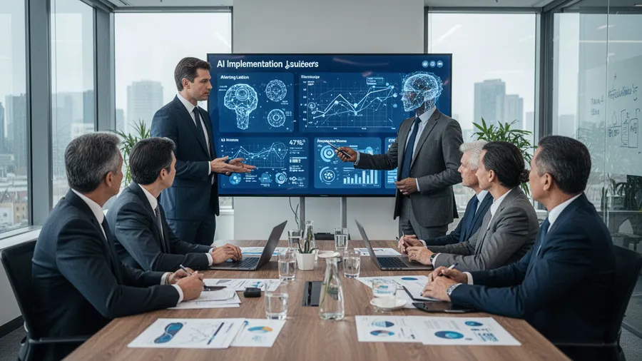 C-suite executives reviewing AI implementation dashboard in modern office