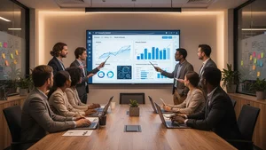 Marketing team reviewing AI generated analytics report on large screen in collaborative meeting