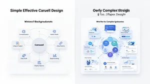 A comparison showing simple but effective carousel design elements versus overly complex designs that reduce readability